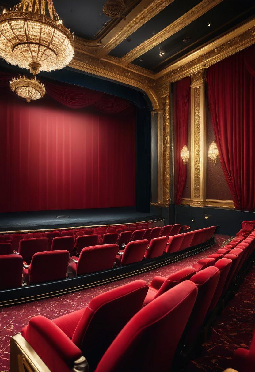 A luxurious theater setting with plush red velvet seats, golden accents, and a grand stage illuminated by bright spotlights. Featured are various upscale entertainment elements like a film reel, a classy cocktail, and elegant masks. Include diverse groups of people enjoying the show with expressions of joy and excitement. The atmosphere should be vibrant and inviting, capturing the essence of high-class entertainment. super-realistic. vibrant colors. elegant design.