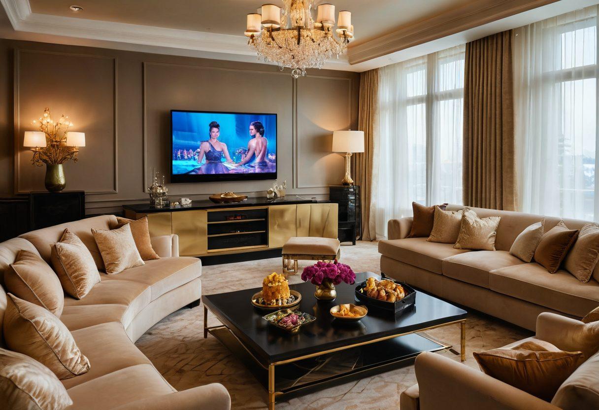 A lavish living room setting featuring a state-of-the-art, oversized television showcasing a vibrant movie scene, adorned with elegant gold accents and plush, comfortable furniture. In the foreground, a gourmet snack tray filled with sparkling drinks and decadent treats, with soft ambient lighting enhancing the opulence. The atmosphere exudes joy and luxury, inviting viewers into the world of extravagant entertainment. super-realistic. vibrant colors. elegant ambiance.