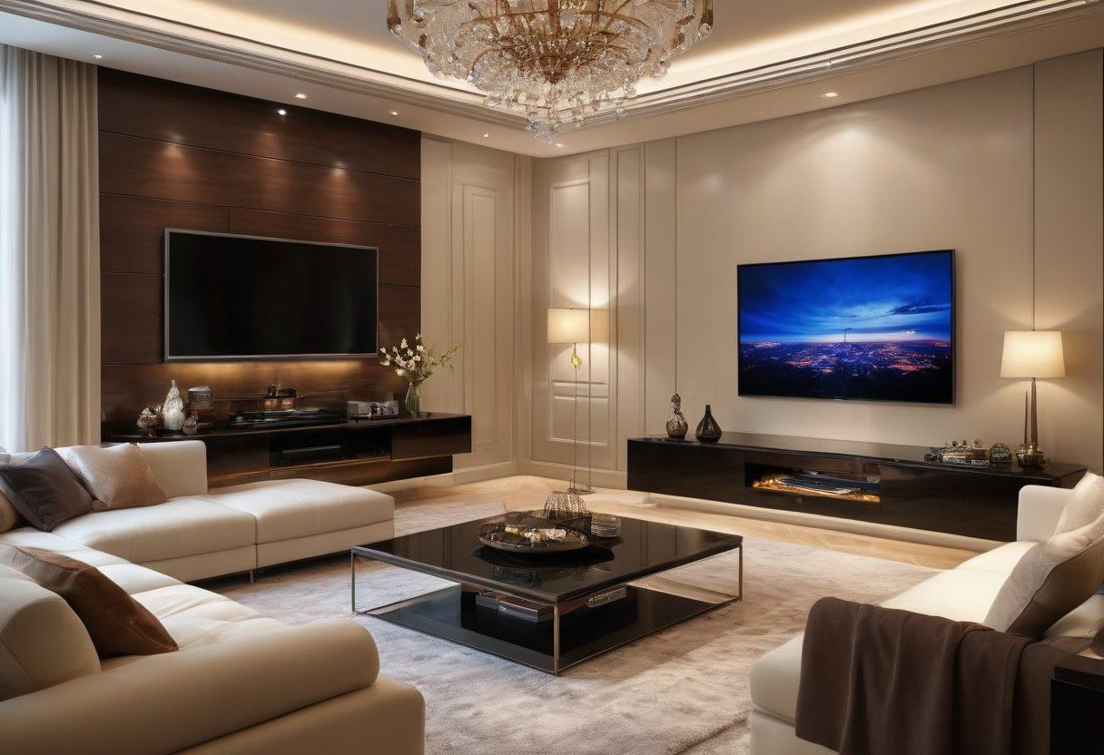 A luxurious living room setting featuring a state-of-the-art television with a stunning picture quality. Include plush furniture, elegant decor, and ambient lighting to create an opulent atmosphere. Showcase entertainment elements like a high-end sound system, gourmet snacks, and a cozy blanket. The scene should evoke relaxation and sophistication. super-realistic. vibrant colors. soft lighting.